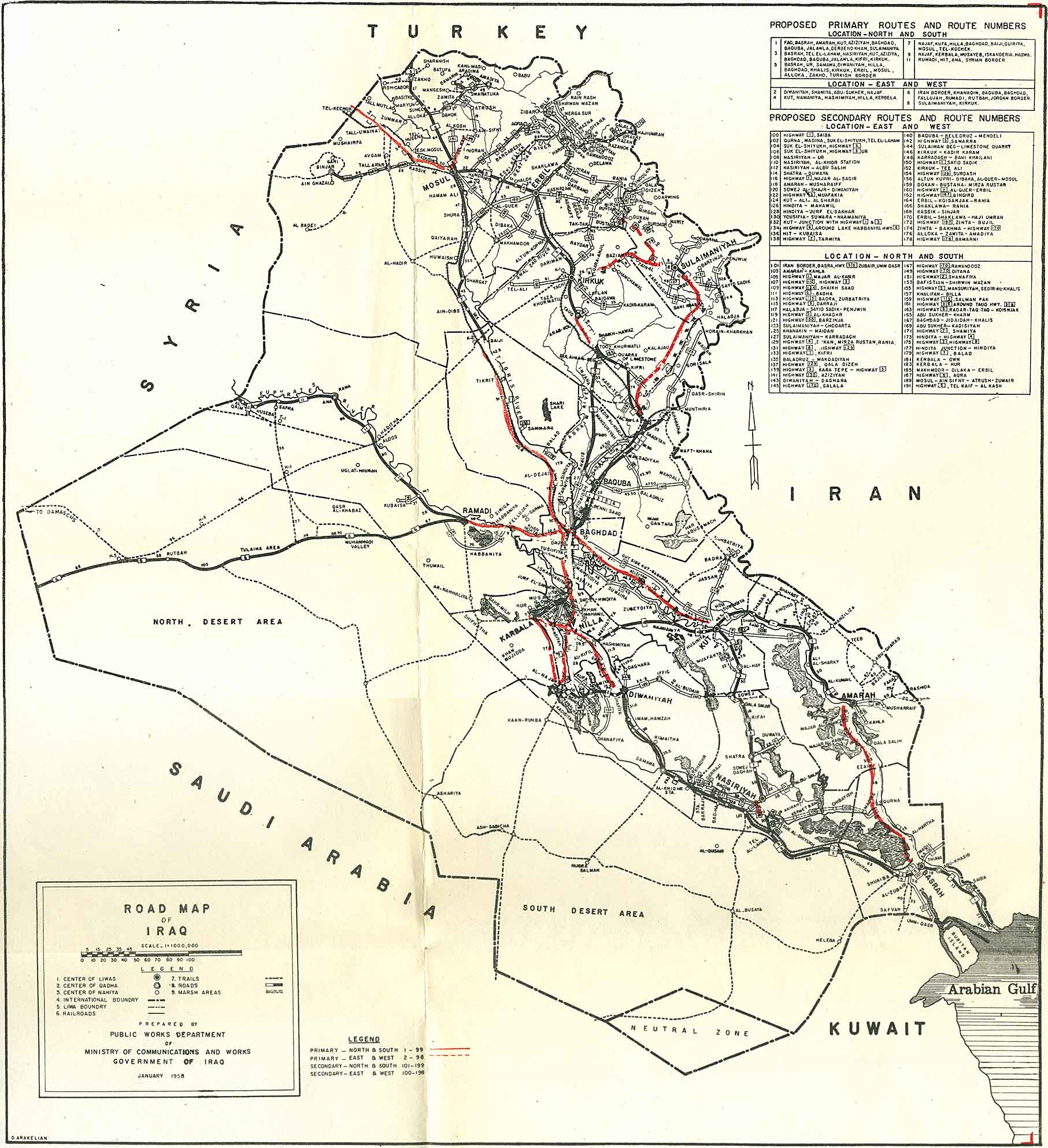 Map of Iraq's road network (pri©ed 1961)